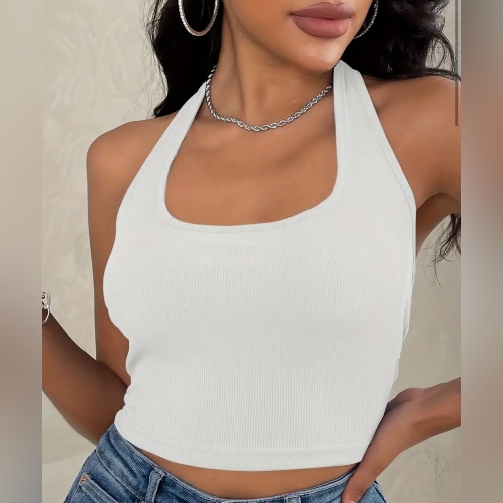 Solid Color Halter Neck Top, Casual Backless Sleeveless Top For Summer